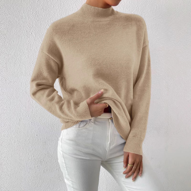 Women's Half-High Collar Knitted Pullover - Solid Color Loose Fit