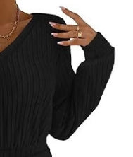 Robe courte plissée à col en V et manches longues pour femme