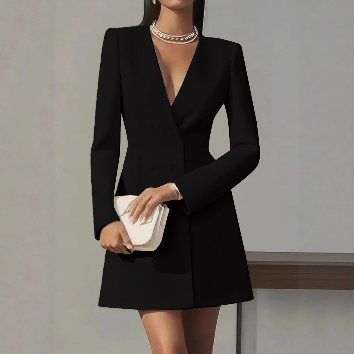 Robe française unie à col en V style tailleur pour femme