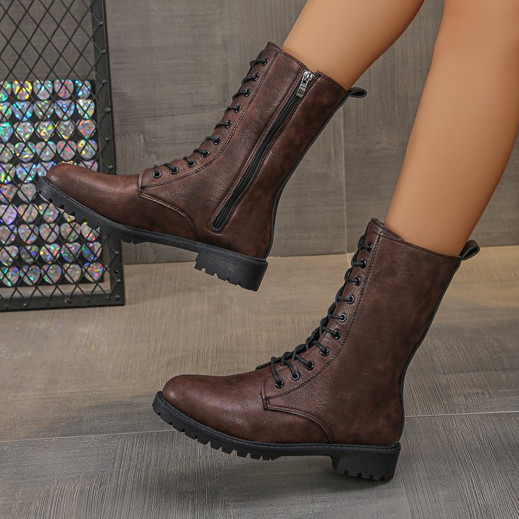 Bottes plates mi-mollet à lacets pour femmes
