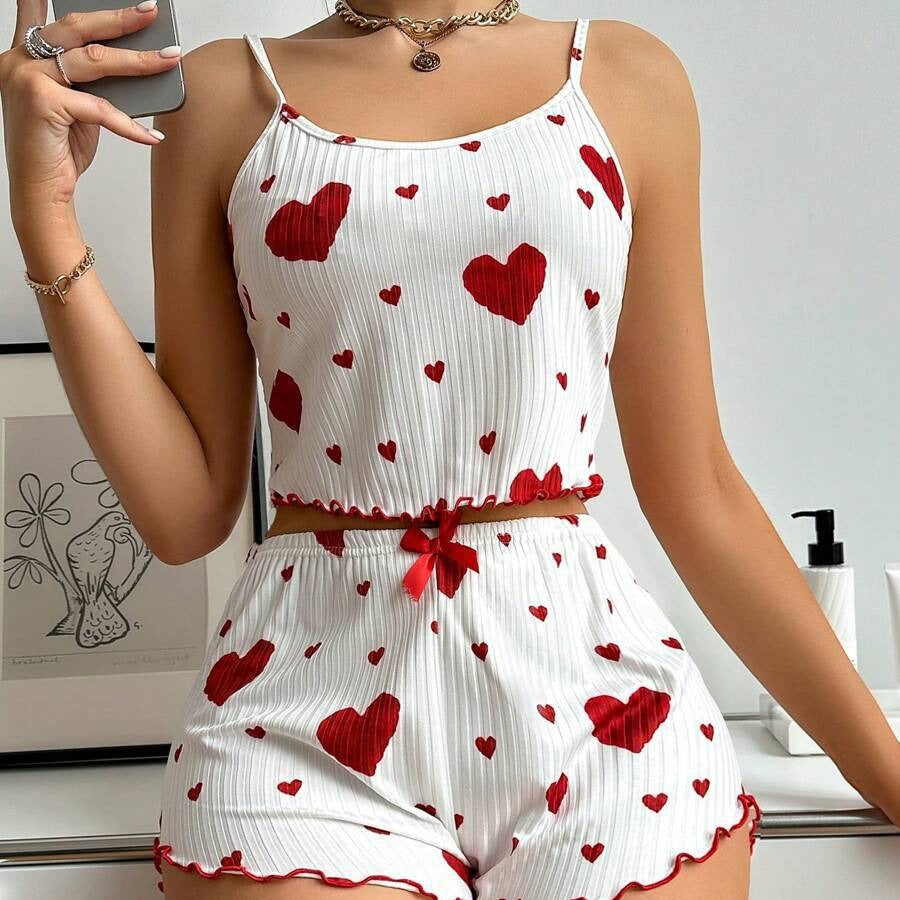 Heart Print Suspender Shorts – Striped Lounge Set