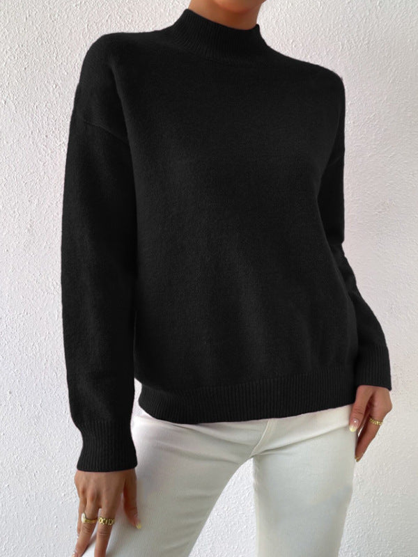 Women's Half-High Collar Knitted Pullover - Solid Color Loose Fit