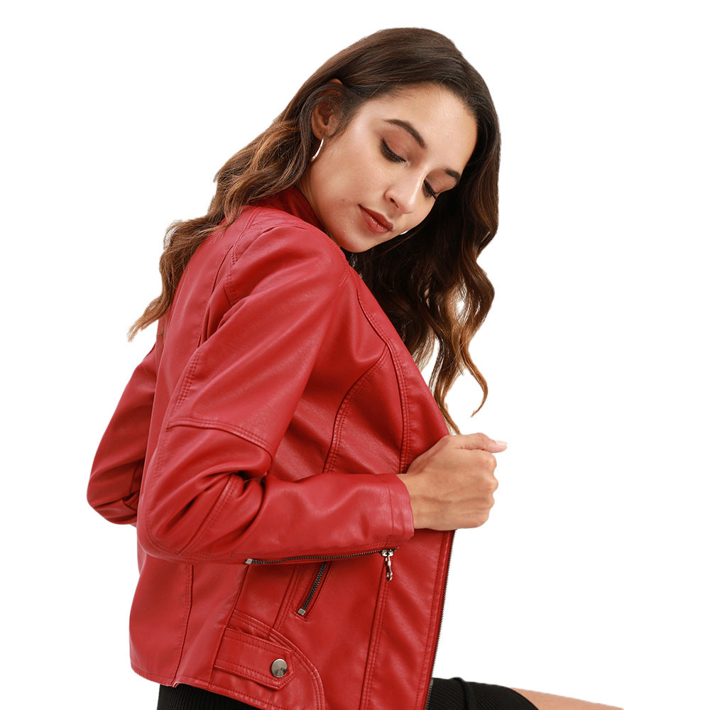 Blouson zippé en cuir pour femme - Col montant avec poches