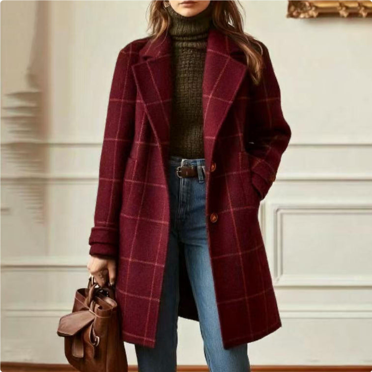 Women's Plaid Mid-Length Lapel Jacket - Plus Size
