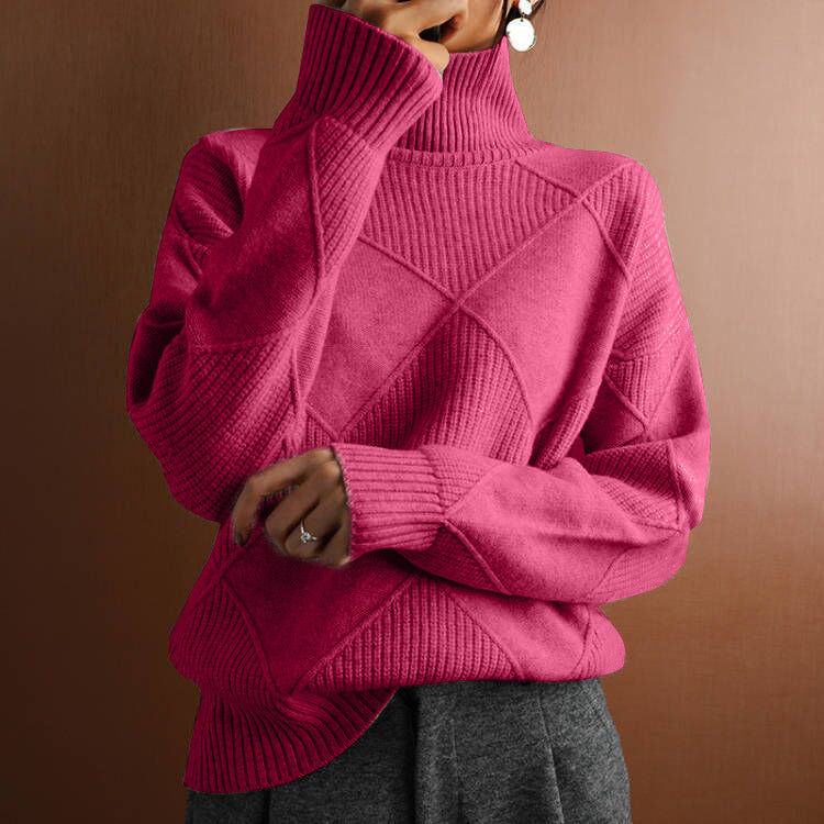 Pull chaud à col haut ample de couleur unie tricoté pour femme