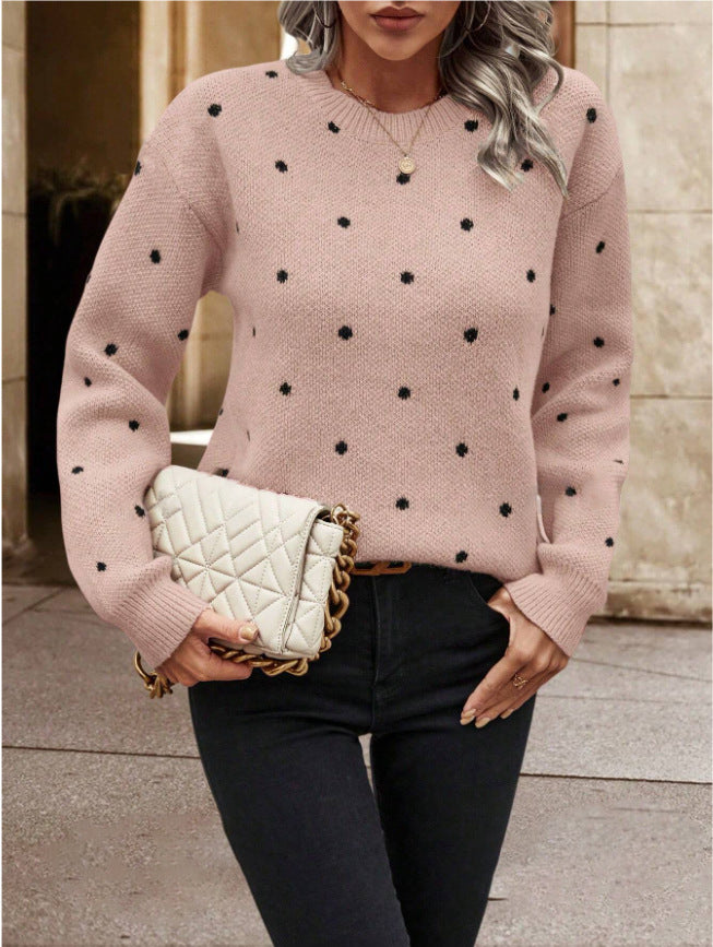 Women's Polka Dot Knitted Pullover Sweater - Long Sleeve Round Neck