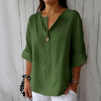 Women's V-Neck Long Sleeve Cotton Linen Button Top