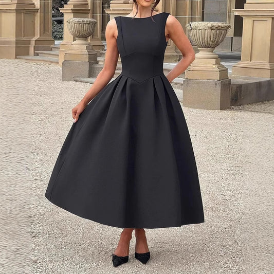 Women's Sleeveless Solid Color Hollow-out Cinched Dress Black