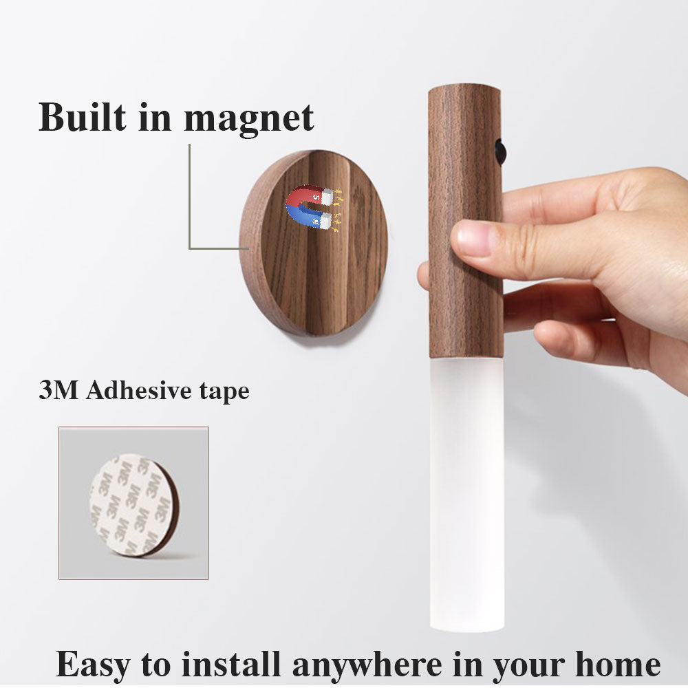 Magnetic Wooden LED Night Light with Motion Sensor - USB Rechargeable Wall Light