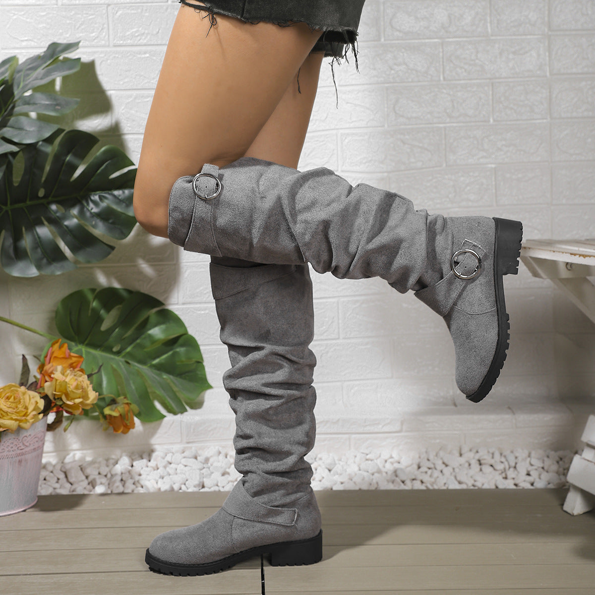 Winter Pleated Buckle High-top  Fashion Boots