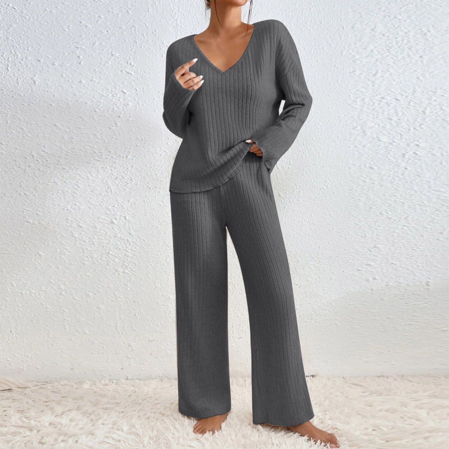 Women's V-Neck Knitted Striped Lounge Set - Long Sleeve