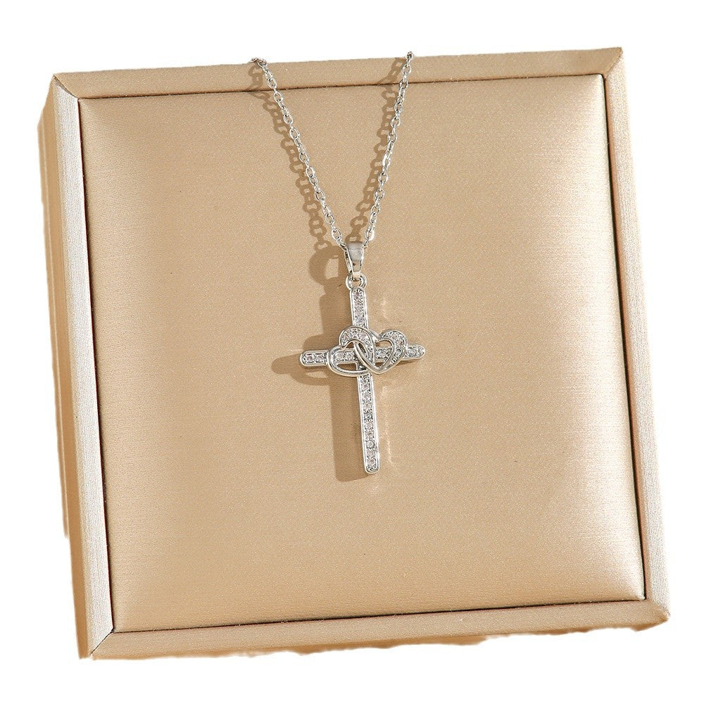 Cross Heart Zircon Pendant Necklace - Gold Plated Titanium Steel