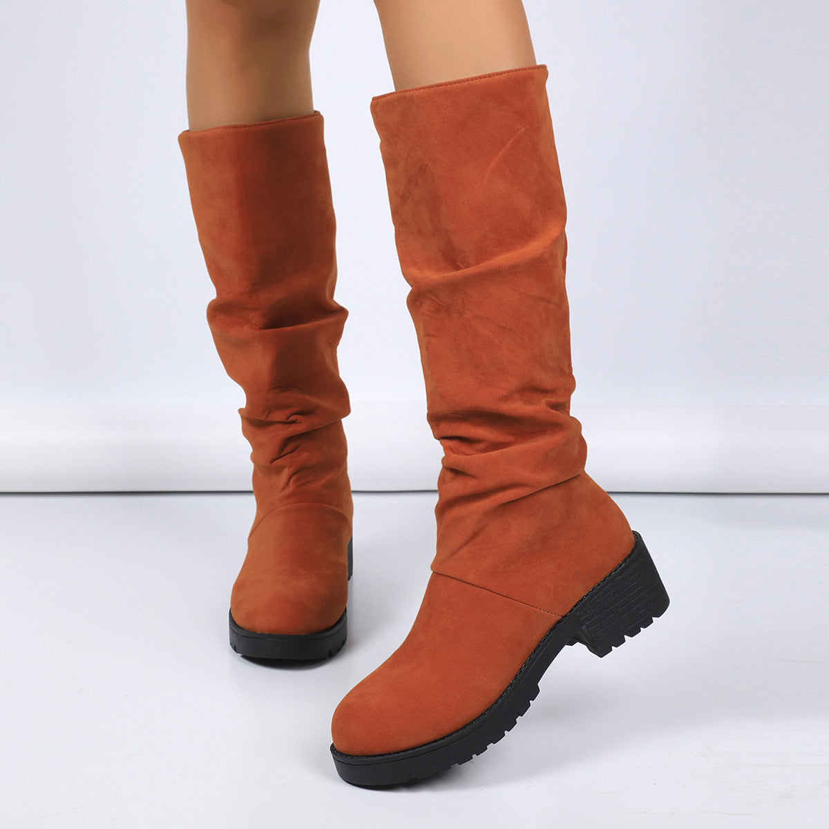 Bottines plissées polyvalentes en daim à talon carré imprimé léopard