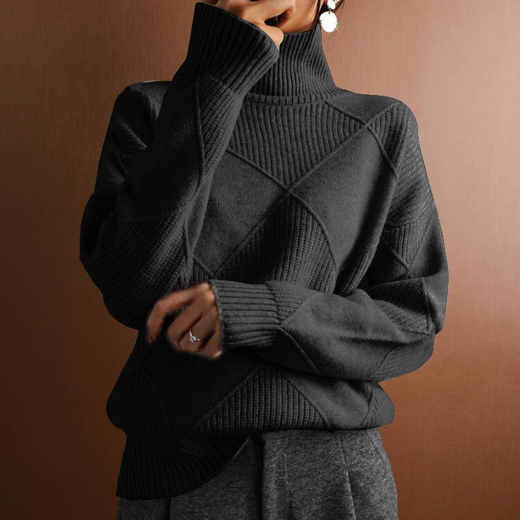 Pull chaud à col haut ample de couleur unie tricoté pour femme