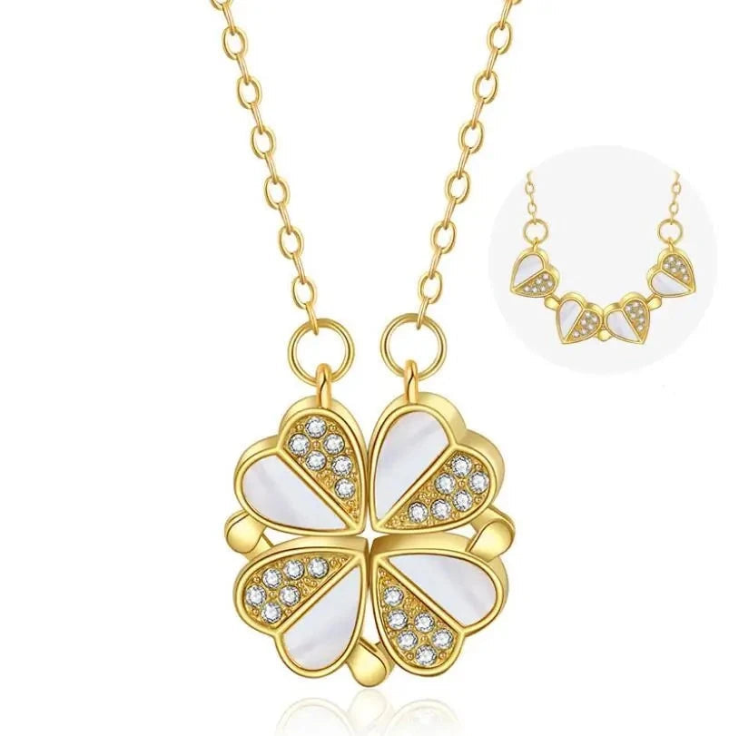 Four Leaf Clover Heart Necklace - Stainless Steel Crystal Pendant