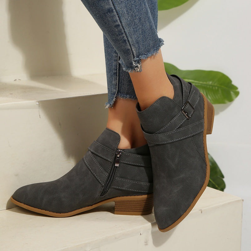 Women's Chunky-Heel Leather Belt-Clasp Side-Zip Ankle Boots