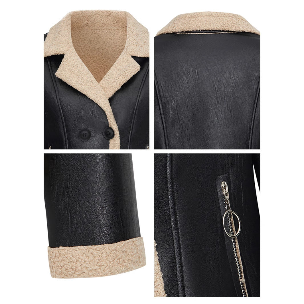 Fleece Padded Women's Leather Coat Black
