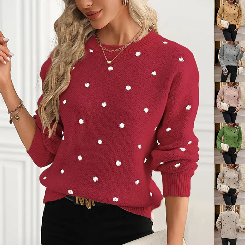 Women's Polka Dot Knitted Pullover Sweater - Long Sleeve Round Neck