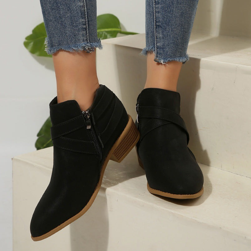 Women's Chunky-Heel Leather Belt-Clasp Side-Zip Ankle Boots