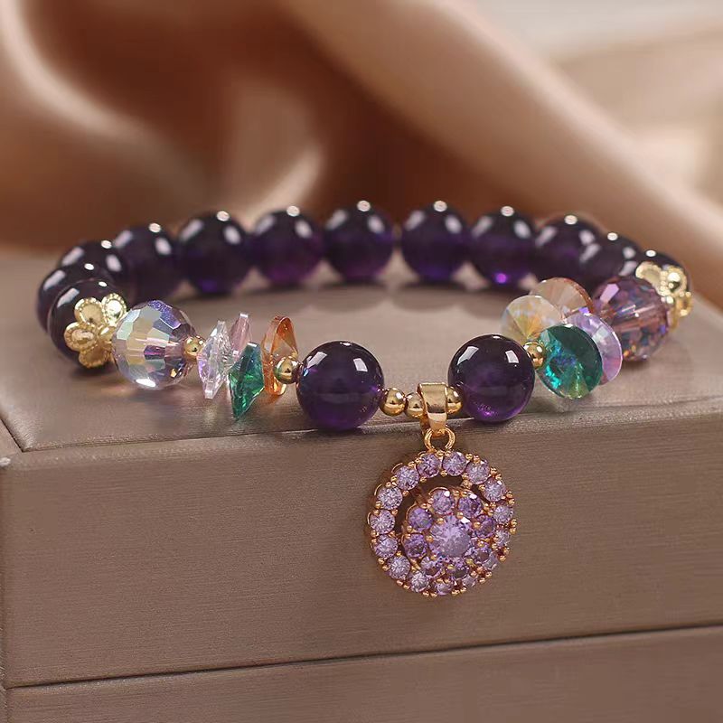 Natural Amethyst Five-Petal Flower Pendant Bracelet - Ancient Style Crystal Jewelry