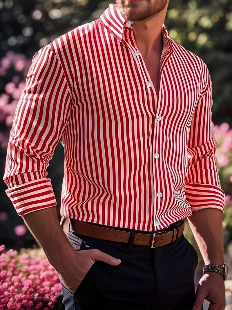 Men's Striped Long Sleeve Lapel Shirt