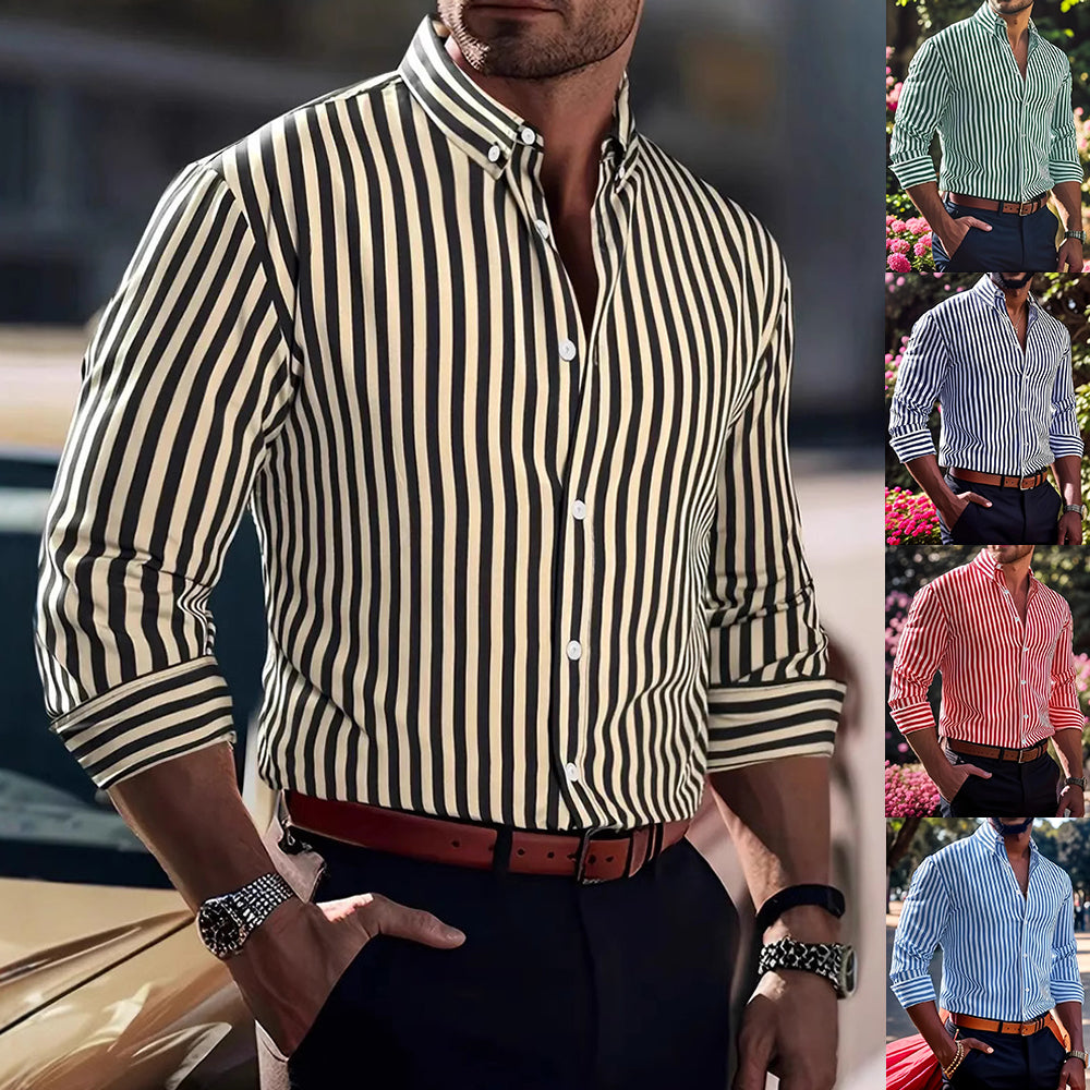Men's Striped Long Sleeve Lapel Shirt