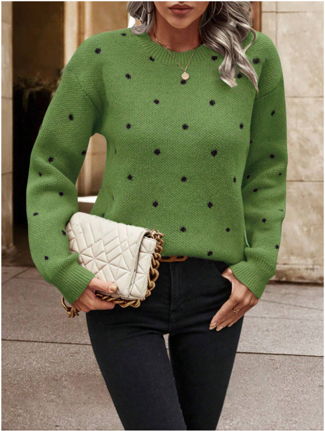 Women's Polka Dot Knitted Pullover Sweater - Long Sleeve Round Neck