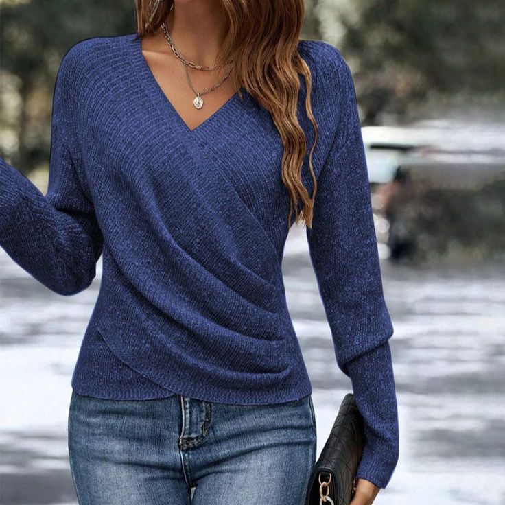 Women's V-Neck Cross Front Knitted Sweater - Long Sleeve