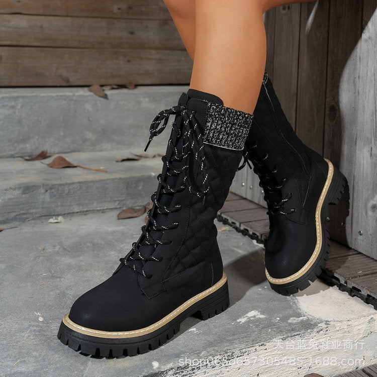 Women's Color-matched lace-up Thick-heeled Martin Boots