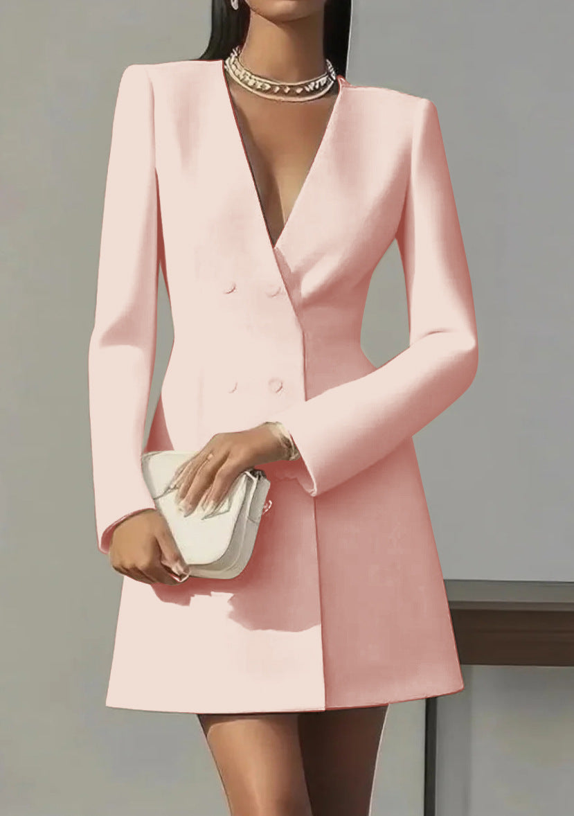 Robe française unie à col en V style tailleur pour femme
