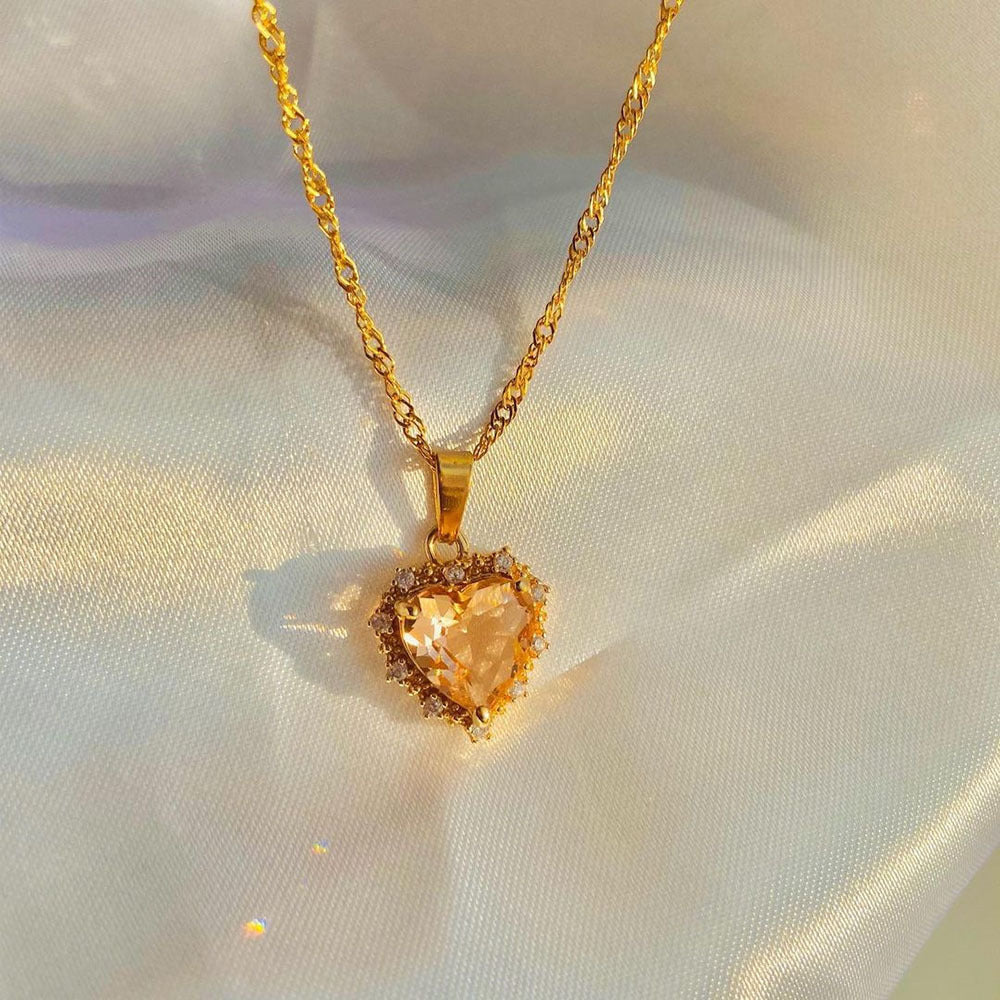 Rainbow Heart Necklace - Gold Rhinestone Clavicle Chain