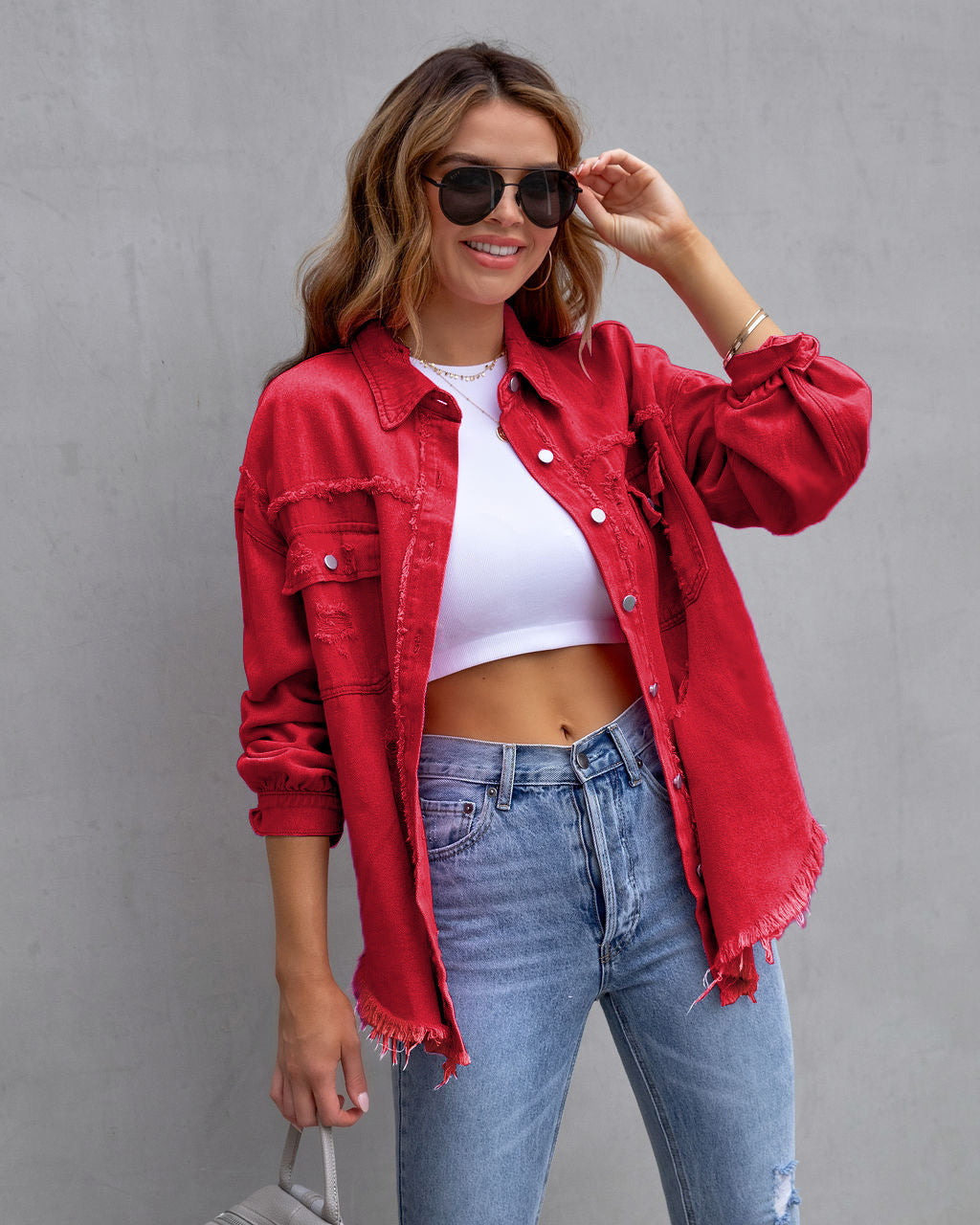 Women's Ripped Denim Shirt Jacket - Casual Spring & Autumn Top