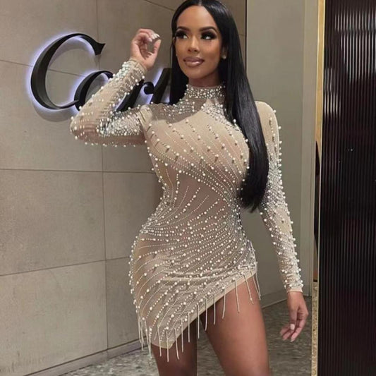 Heavy  Pearl Rhinestone Stretch Side Seam Tassel Short Dress