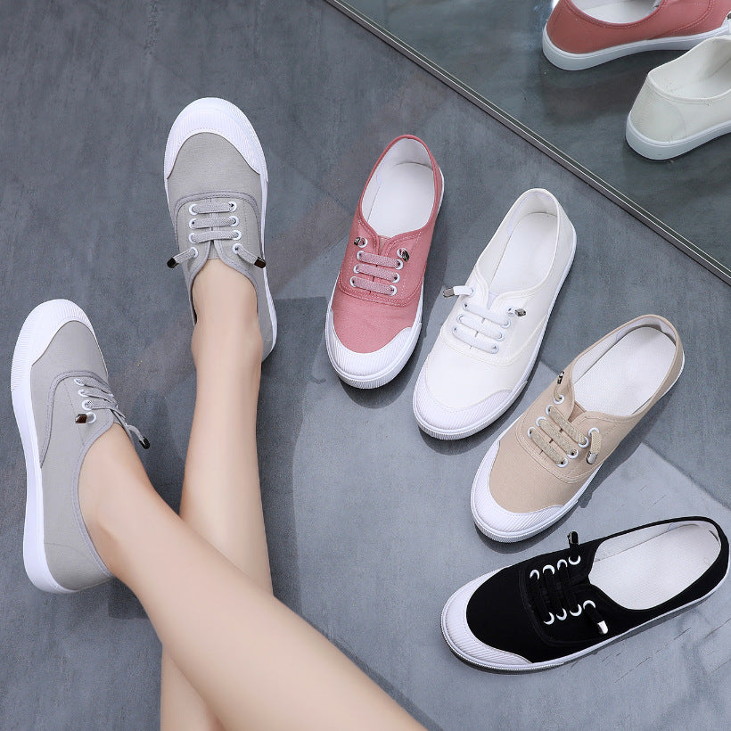 Women's Classic White Canvas Sneakers - Versatile Flat-Sole Shoes for Students & Everyday Wear