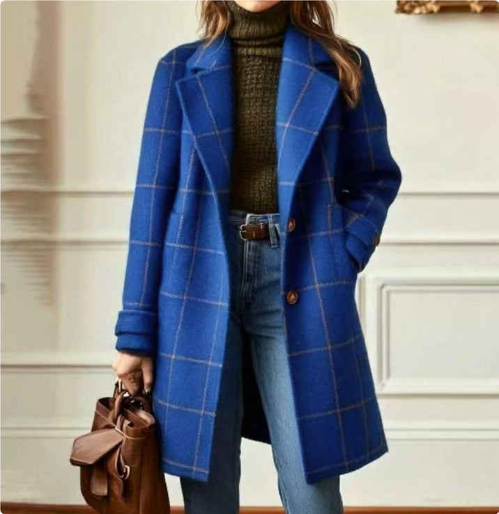Women's Plaid Mid-Length Lapel Jacket - Plus Size