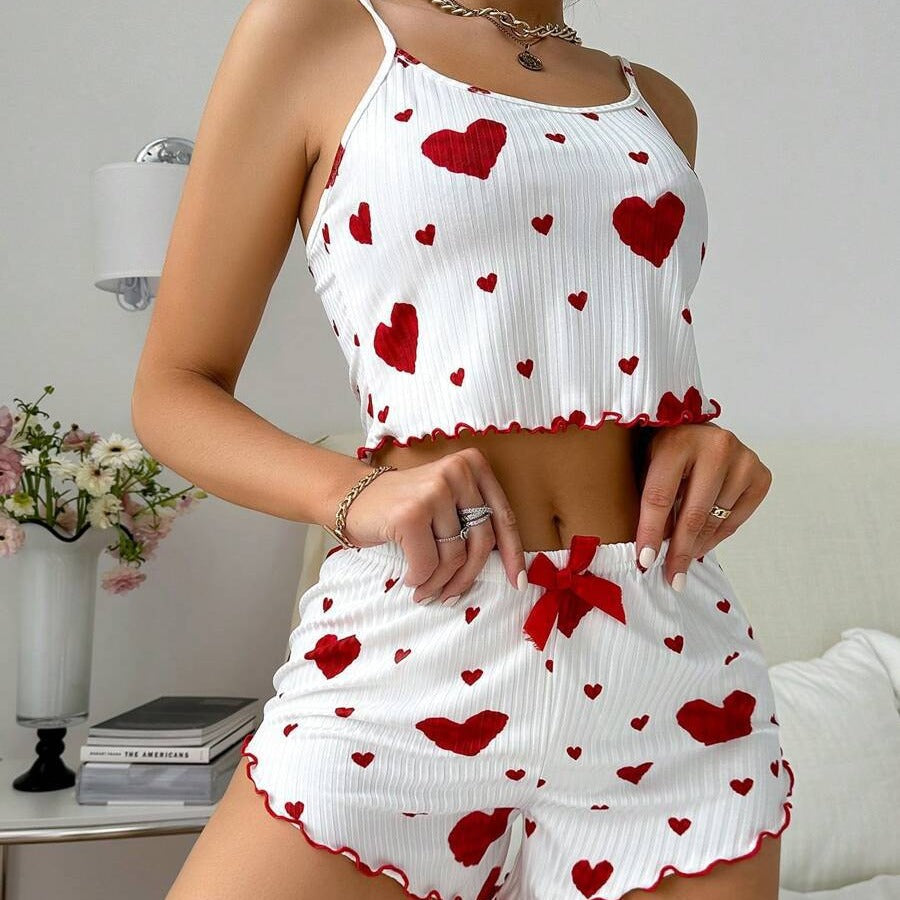 Heart Print Suspender Shorts – Striped Lounge Set
