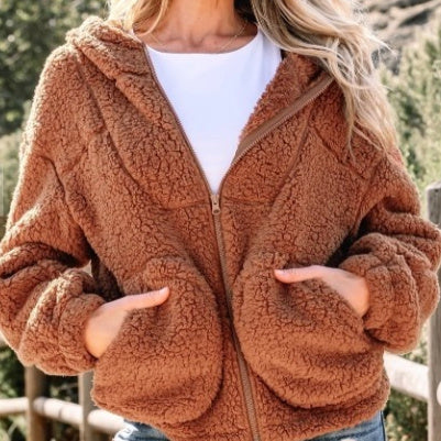 Yellow Straw Zipper Hooded Sherpa Jacket