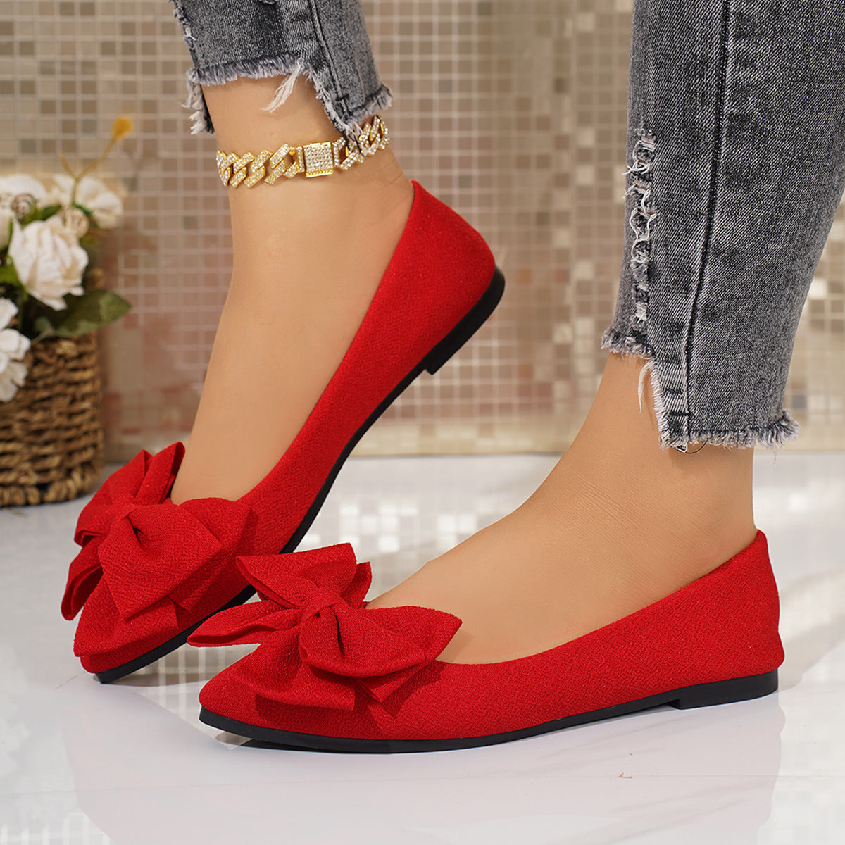 Women's Pointed Toe Slip-On Shoes with Bow Detail