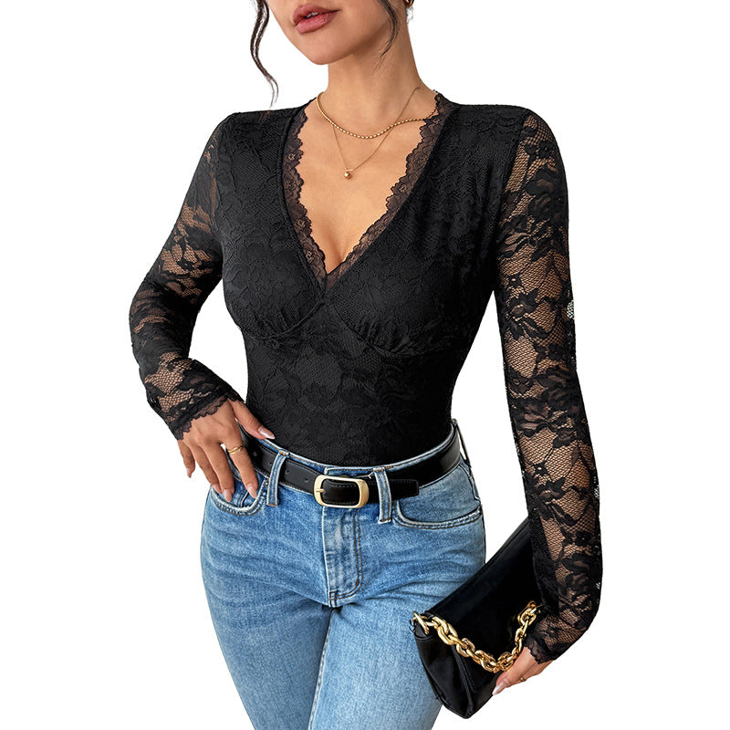 Black Lace V-Neck Bodysuit - Open Back Design