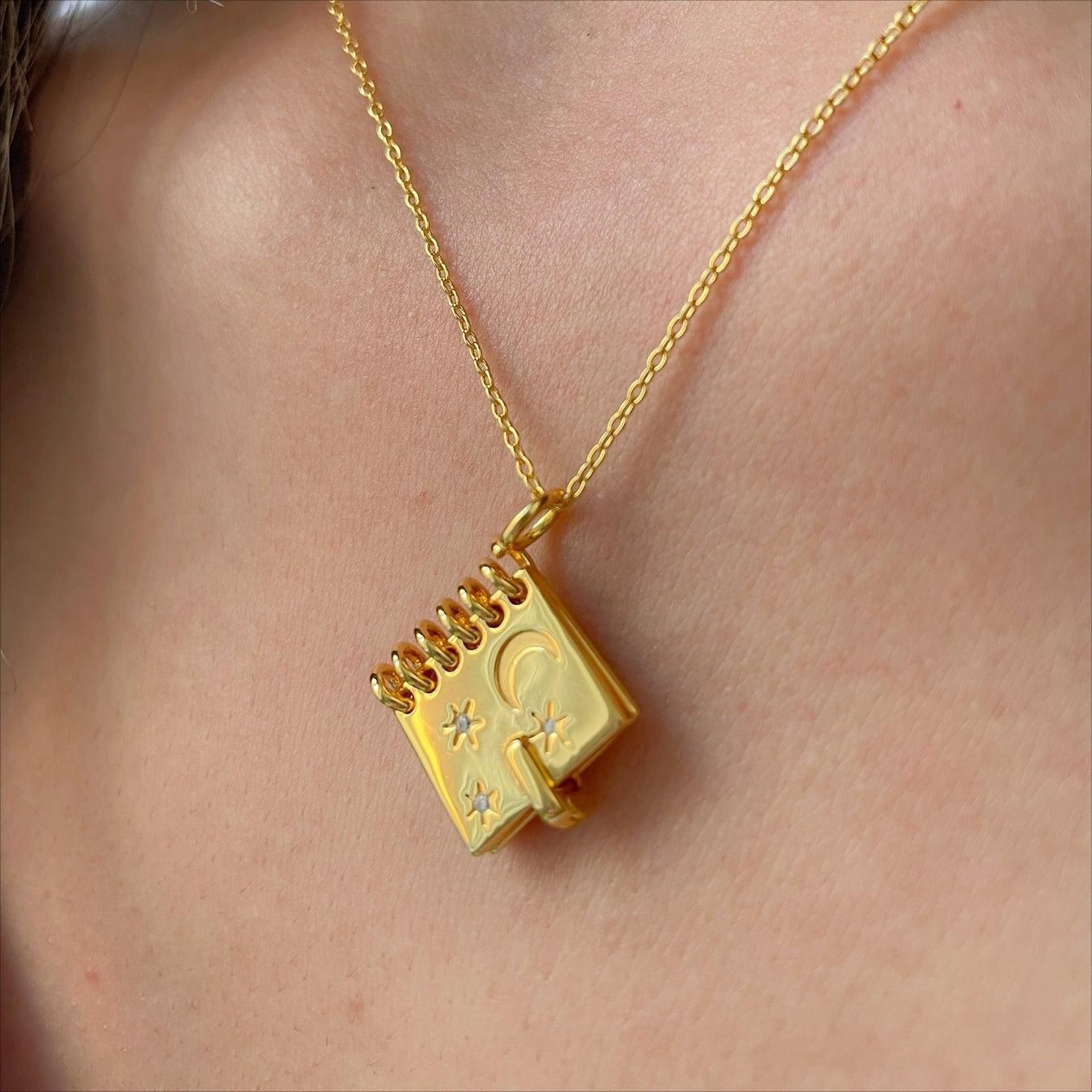 Love Book Locket Necklace - Engraved Stars & Moon Pendant