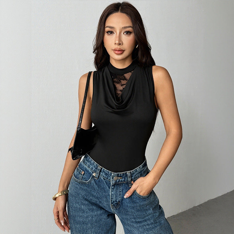 Sleeveless Lace Panel Bodysuit - Scoop Neck Design