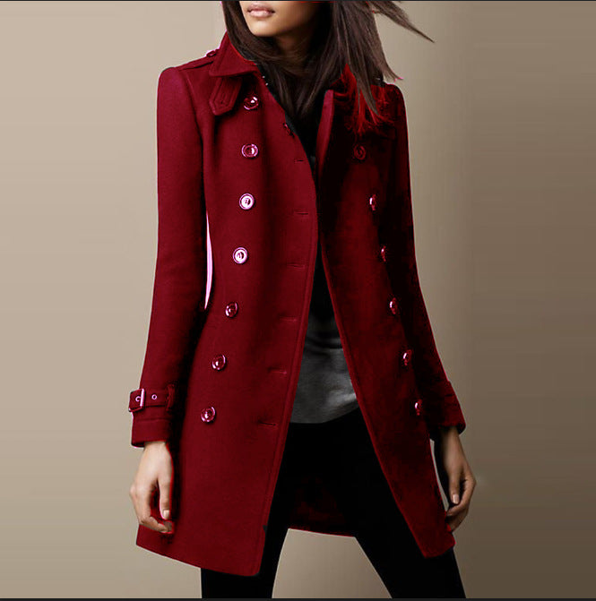 Women's Double-Breasted Wool Overcoat - Lined Lapel Coat with Pockets