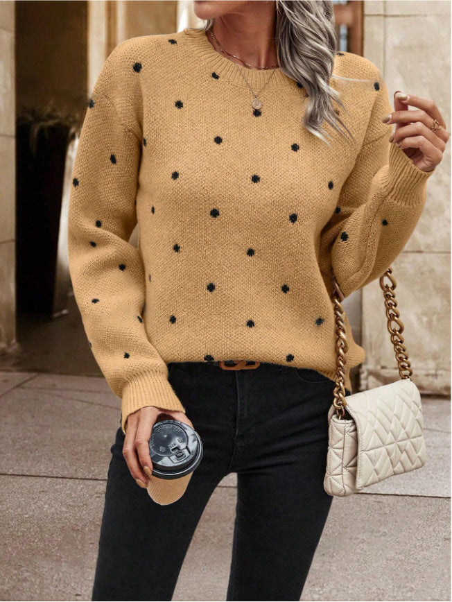 Women's Polka Dot Knitted Pullover Sweater - Long Sleeve Round Neck
