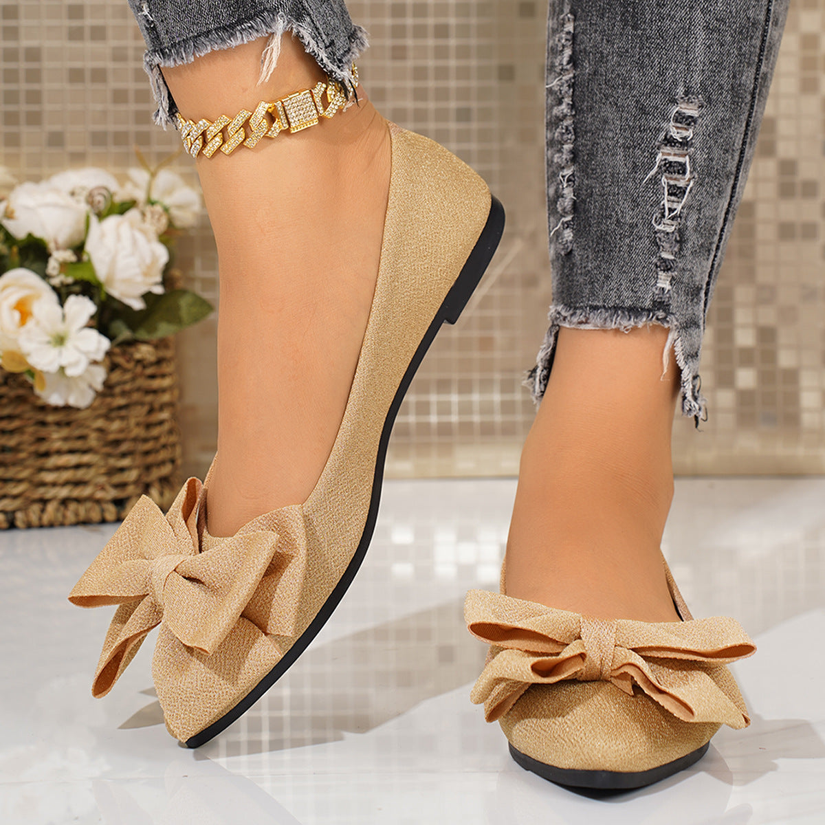 Women's Pointed Toe Slip-On Shoes with Bow Detail