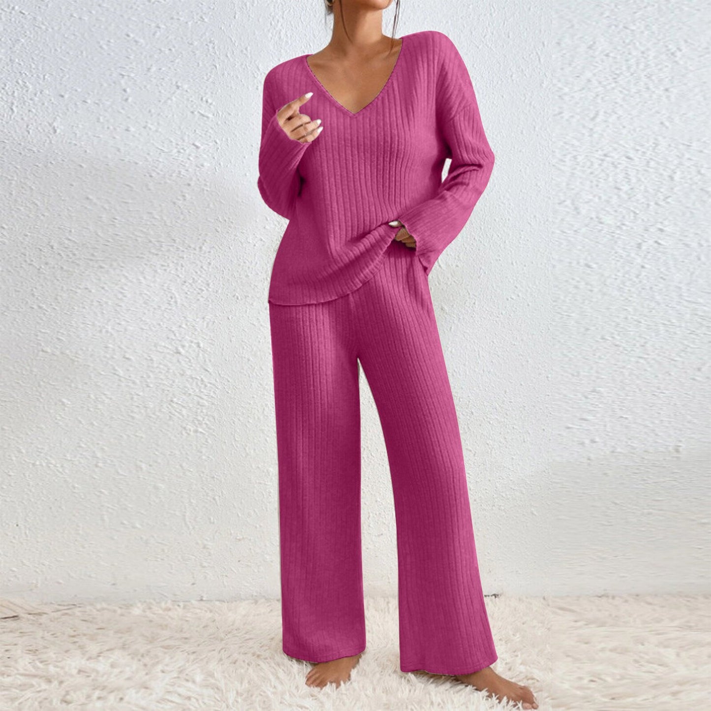 Women's V-Neck Knitted Striped Lounge Set - Long Sleeve