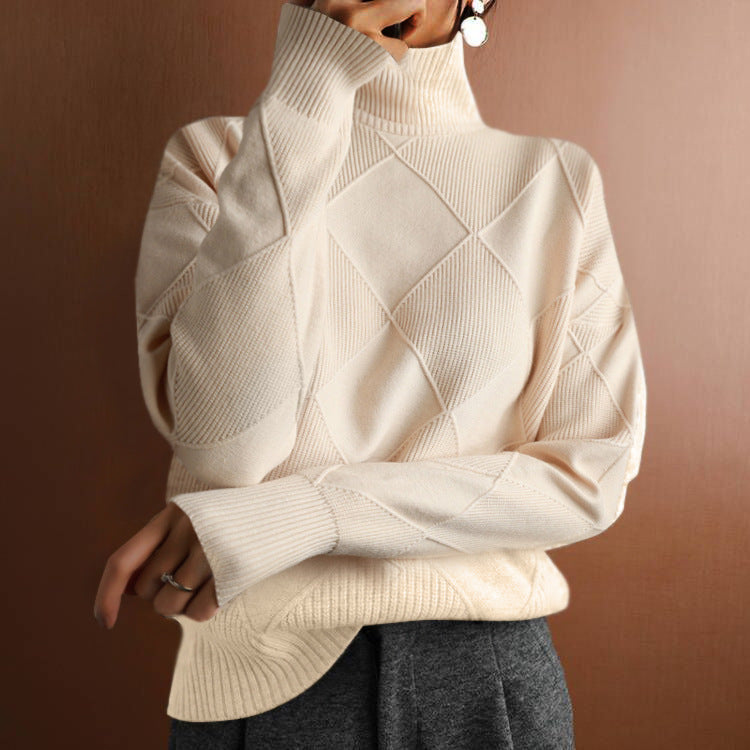 Pull chaud à col haut ample de couleur unie tricoté pour femme