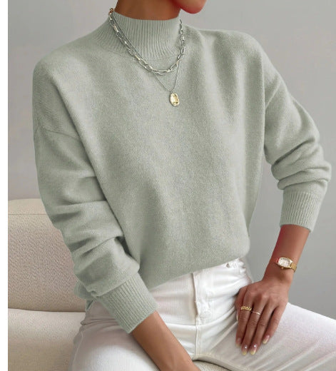 Women's Half-High Collar Knitted Pullover - Solid Color Loose Fit
