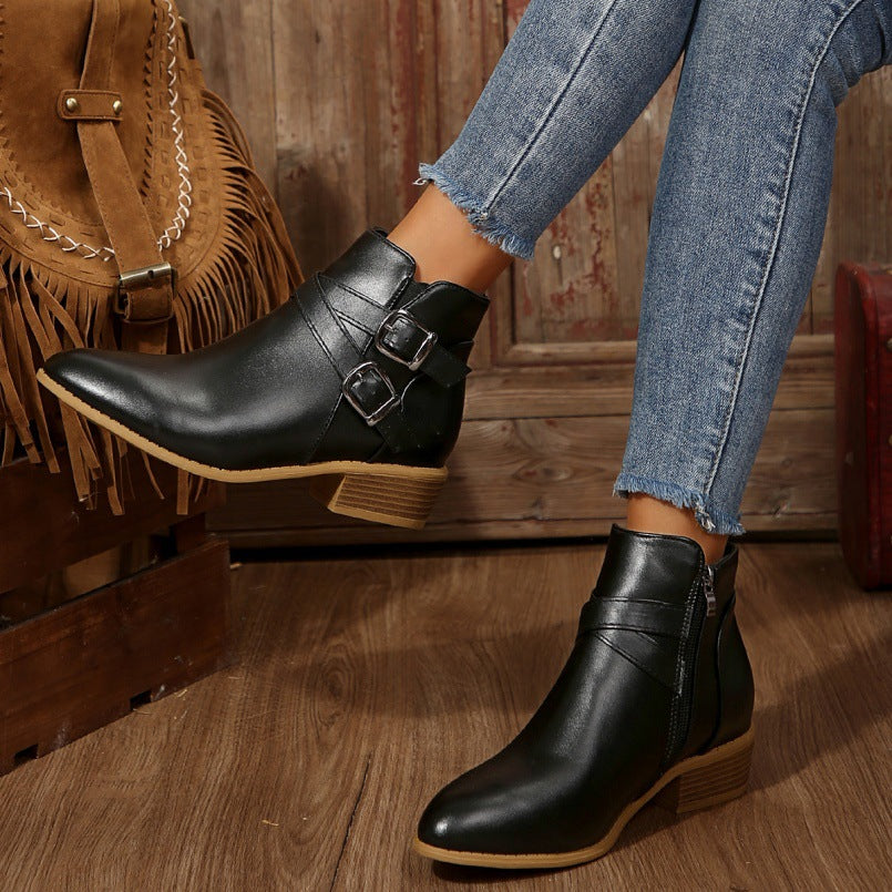 Women's Chunky-Heel Leather Belt-Clasp Side-Zip Ankle Boots