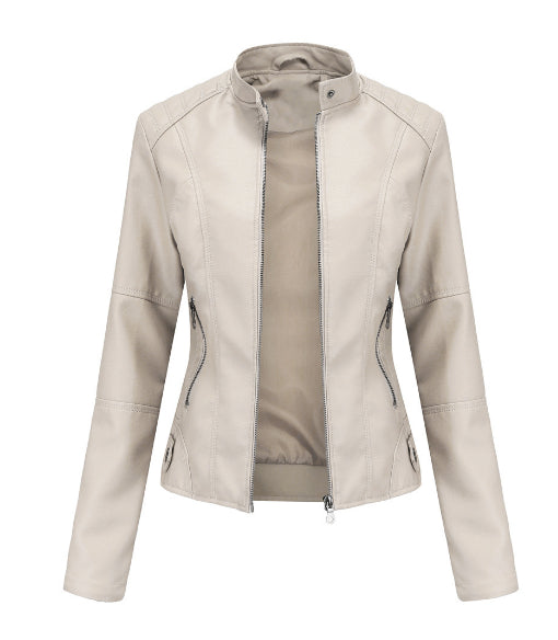 Blouson zippé en cuir pour femme - Col montant avec poches