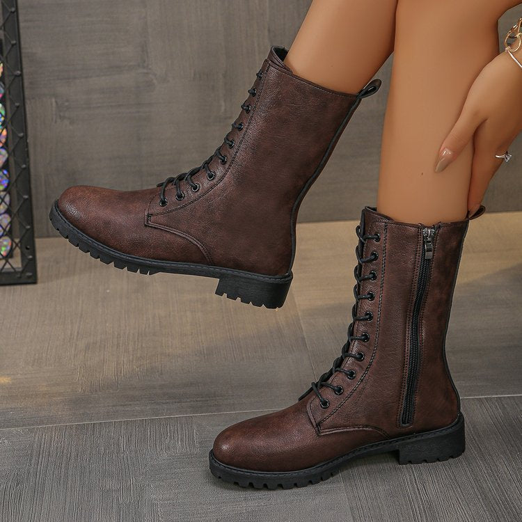Bottes plates mi-mollet à lacets pour femmes